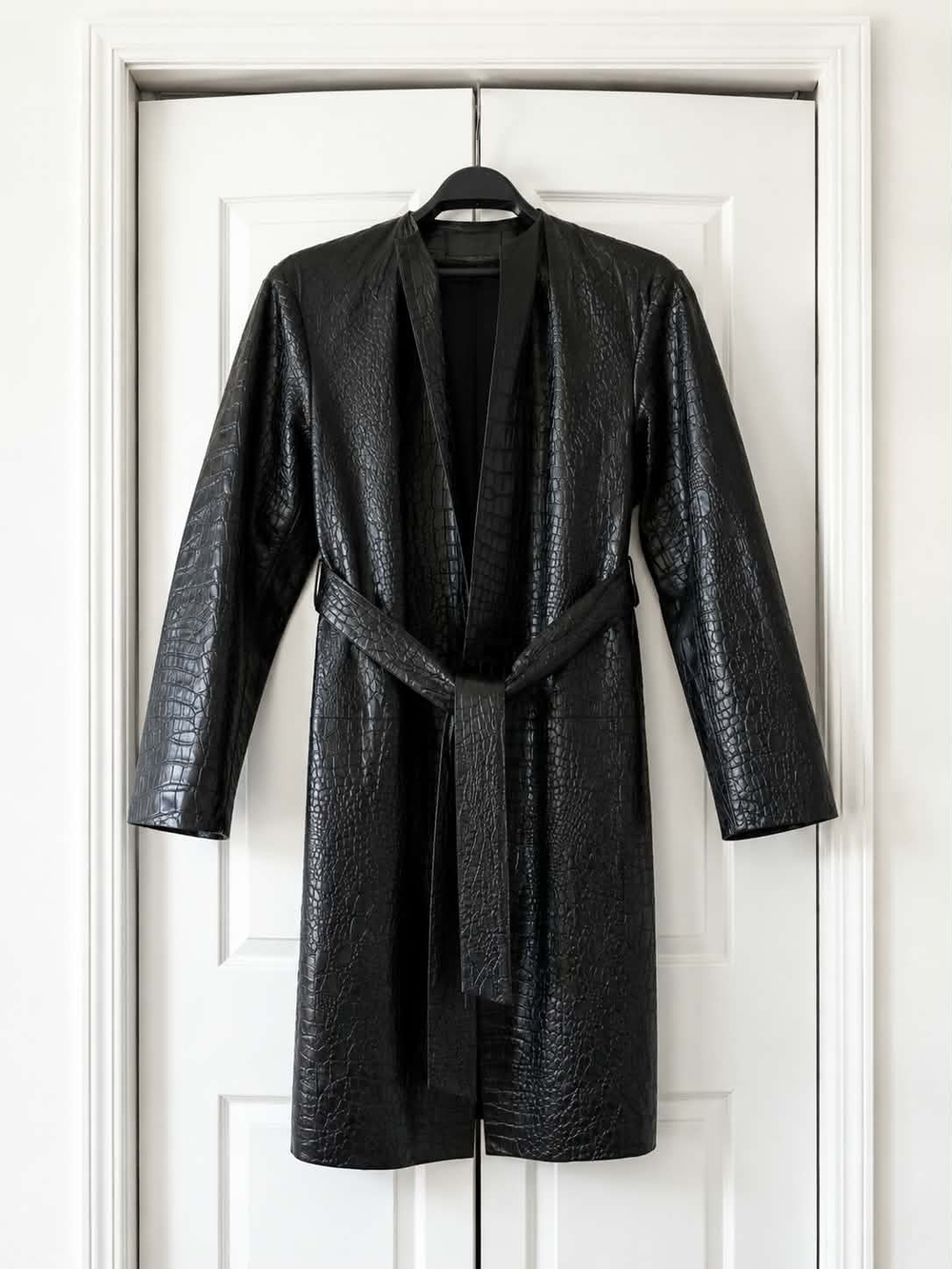 Zara x Steven Meisel Black Croc-Embossed 100% GENUINE Leather Belted Coat